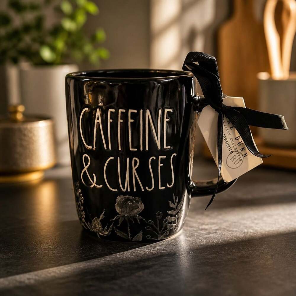 Rae Dunn Caffeine & Curses Moon and Floral Black Ceramic Coffee Mug
